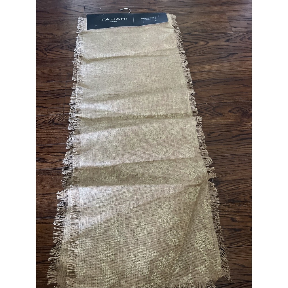 Tahari Home Table Runner 16 X 90 Tan Burlap Gold Color Fall Leaf Thanksgiving